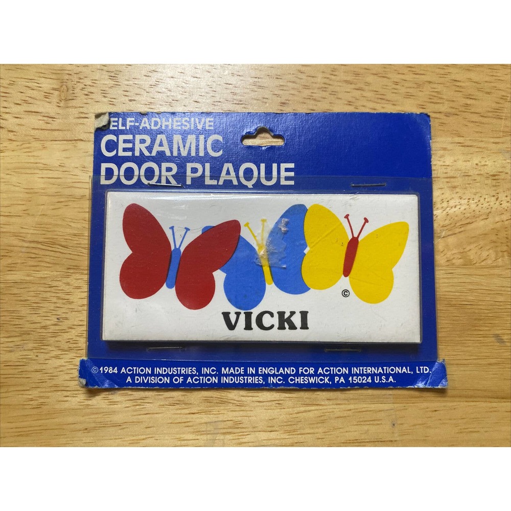 Vintage Retro VICKI With Butterflies Dead Stock Ceramic Name Plaque Wall Sign 84